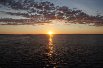 Sunrise view on the ship traveling from Denmark to Norway