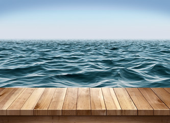 Fototapeta premium Blue ocean and clear sky with wooden platform