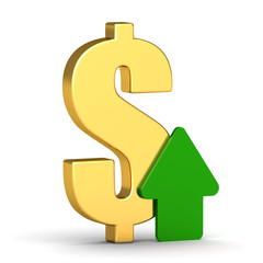 3d gold dollar with a green up arrow