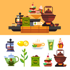 Tea ceremony and all the symbols of it: Tea, teapot, french press, lemon, tea can, cup, tasty sweet - stuff. Flat vector icon and compilation set.

