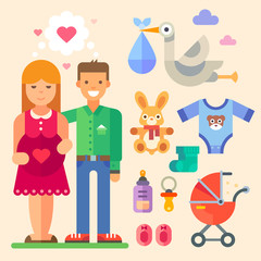 Happy family waiting for a baby. All the newborn stuff: romper suit, cute toy, pacifier, dummy, baby's booties, carriage, stork. Set of vector flat isolated colorful illustrations.