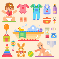 Newborn babies with toys and stuff: romper suit, cute toy, pacifier, dummy, baby's booties, rattle, . Set of flat vector isolated colorful illustrations.