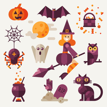 Light halloween set. Halloween attributes: pumpkin, bat, spider with web, owl, witch on a broom, black cat, grave, pot ,spooky ghost. Flat vector illustration set.