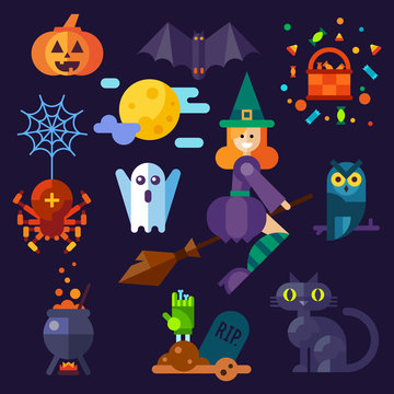 Dark halloween set. Halloween attributes: pumpkin, bat, spider with web, owl, witch on a broom, black cat, grave, pot ,spooky ghost. Flat vector illustration set.