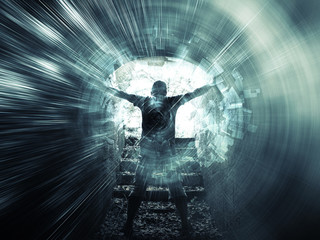 Young man stands in dark blue tunnel, digital collage © evannovostro