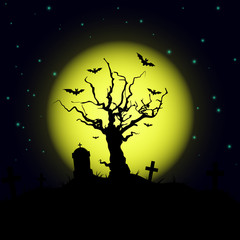 Halloween design background with spooky graveyard, naked tree, graves and bats