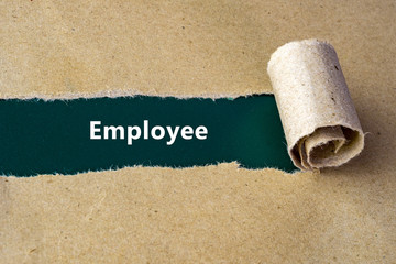Torn brown paper on green surface with "Employee" word.