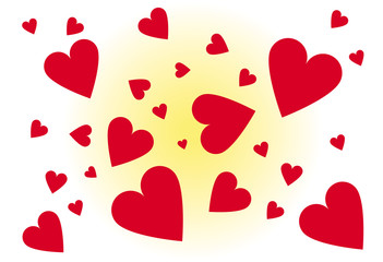 illustration of hearts floating on a white background with a yellow glow in center