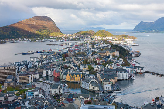 View of Alesund on Norwegian coast by the sea