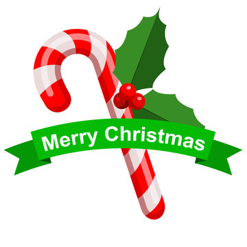Icono plano cinta Merry Christmas con baston verde