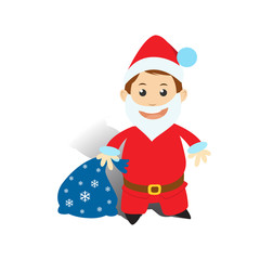 The guy in the suit of Santa Claus. Bag with gifts. Profession.