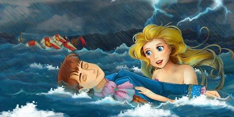 Cartoon adventure scene - storm on the sea - scene with mermaid rescuing someone - illustration for the children © honeyflavour