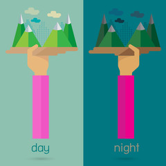 vector Mountain night day nature arm and hand