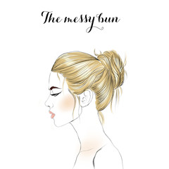 hand drawn raster illustration - profile girl with hair bun