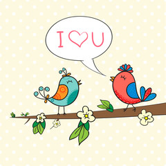 Cute bird couple on blossom branch. Doodle vector illustration