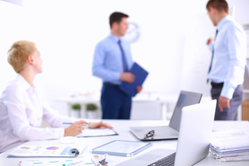 Obraz premium Business people sitting and discussing at business meeting, in