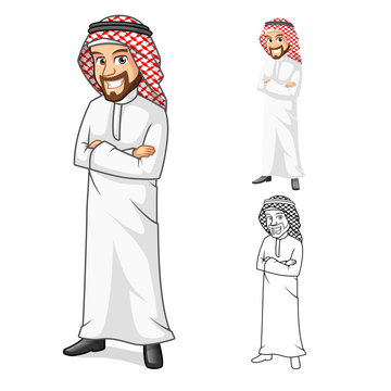 High Quality Middle Eastern Man with Folded Arms Cartoon Character Include Flat Design and Outlined Version Vector Illustration