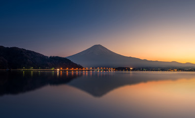 Reflection of mountain Fuji and lake kawaguchi at sunset