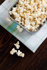 Top view on popcorn in old pan
