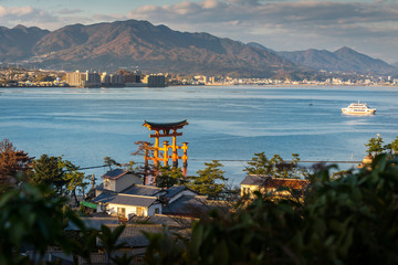 Great floating gate (O-Torii) and Hiroshima city view from Miyajima Island, Japan