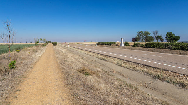 Endless roads on the Camino de Santiago near Ledigos on the Meseta