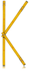 Font K - Old Yellow Meter Ruler / Old wooden yellow meter in the shape of letter K. Isolated on white background.