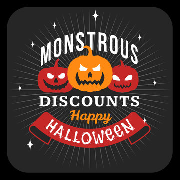 Retro Happy Halloween Badge, Sticker, Label. Design Element for Greetings Card or Party Flyer. Halloween Discounts. Vector Illustration