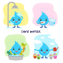 save water concept, save the world, cartoon water drops character