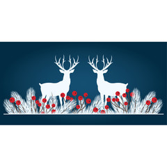 Wintry Background with Fir Branches and Reindeers