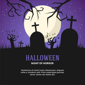 Halloween Vector Illustration with Grave, Zombies and the Moon