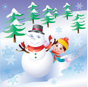 snowman and snow boarding with winter background