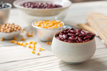 collection set of beans, legumes, peas, lentils on ceramic spoon