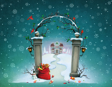 Greeting card or poster, illustration  gate at Christmas with  bag of gifts and house 