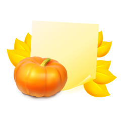 Note with autumn leaves and pumpkin