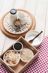 Obraz na płótnie Canvas Healthy breakfast with greek yogurt, pecans , Muesli and chia seed