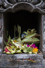 Hindu offerings and gifts to god in the temple in Bali, Indonesia