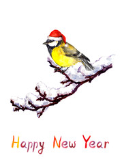 Christmas card - bird in red hat at branch with snow. Watercolor