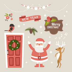 Set of Christmas and New Year Cute Hand Drawn Vector Decorative Design Elements with Cartoon Characters