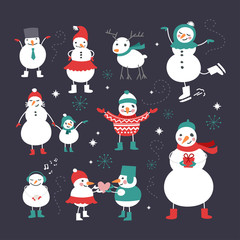 Set of Christmas and New Year Cute Hand Drawn Vector Decorative Design Elements with Snowmans