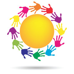 Vector concept circle of hands, yellow sun symbol