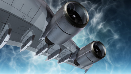 Tragfläche mit zwei Strahltriebwerken im Flug