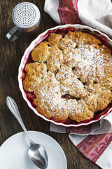 Stewed apple, plum and coconut cobbler