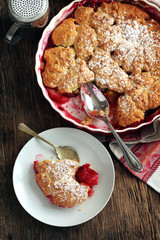 Stewed apple, plum and coconut cobbler