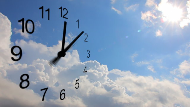 Clock with rolling cumulus clouds, time lapse