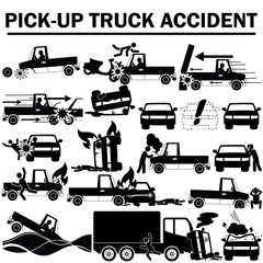 silhouette icons of pickup truck accident