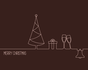 Winter holidays card linear style design with Christmas tree, gift box, glasses and bell