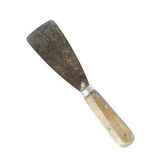Old rust paint trowel with wood handle isolated on white background