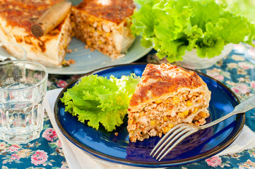 A Piece of Mexican Chicken and Corn Tortilla Pie