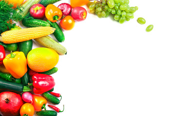 Heap of fruits and vegetables isolated on white