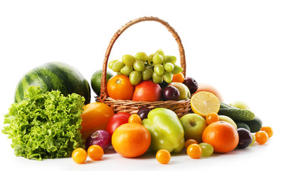 Fresh vegetables and fruits  isolated on white